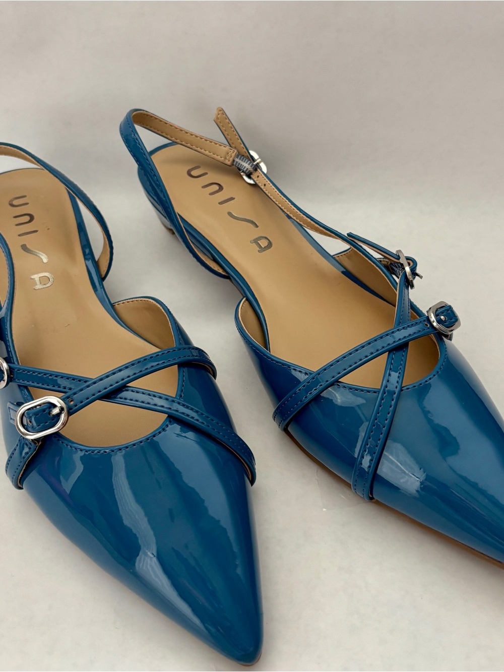 NWOT Unisa Blue Patent Pointed-Toe Slingback Flats